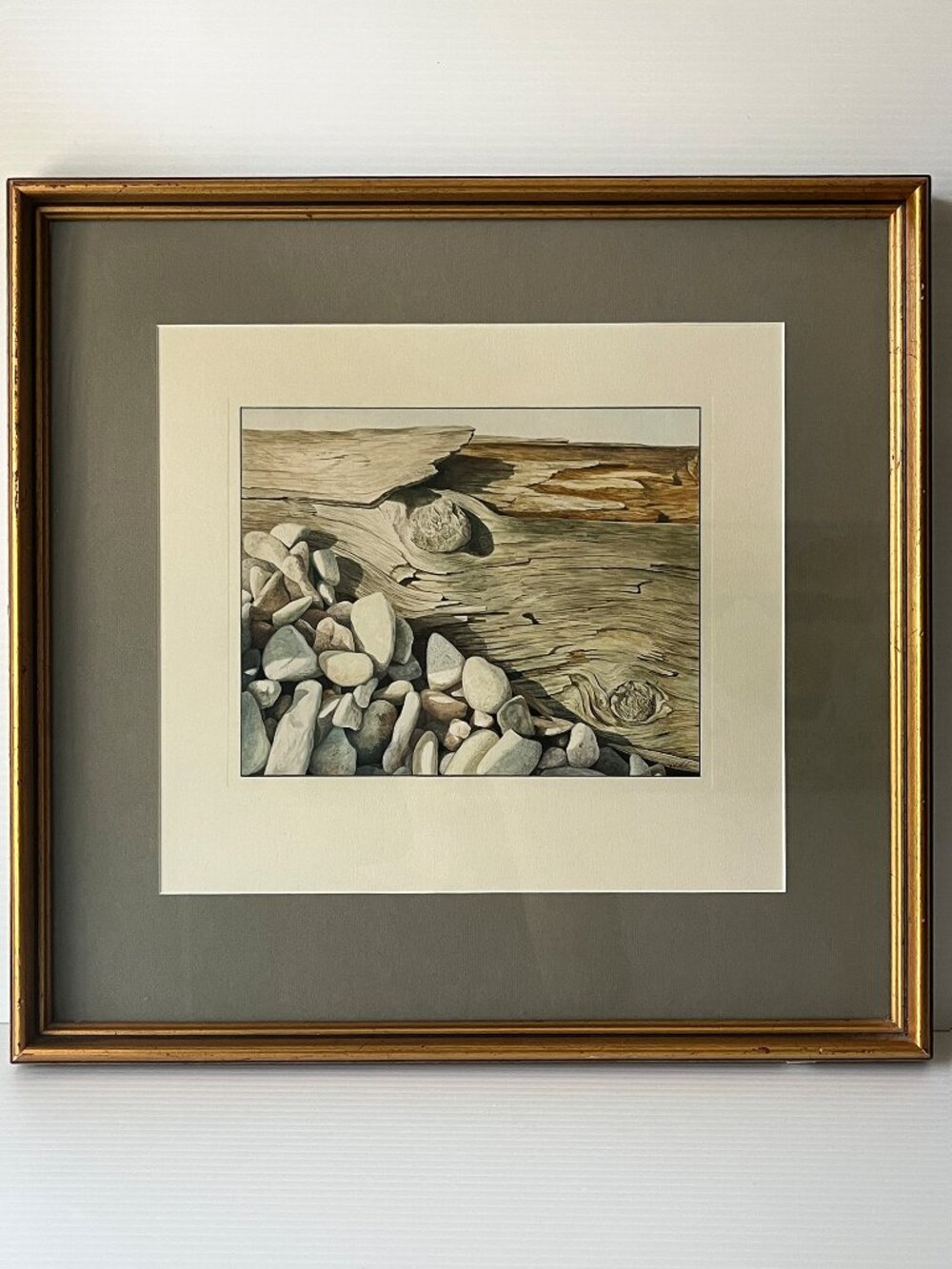 Vtg Original Realist Watercolor Driftwood Stones Shoreline Art Signed Framed